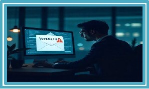 A man looking at a computer screen that says whaling on it.