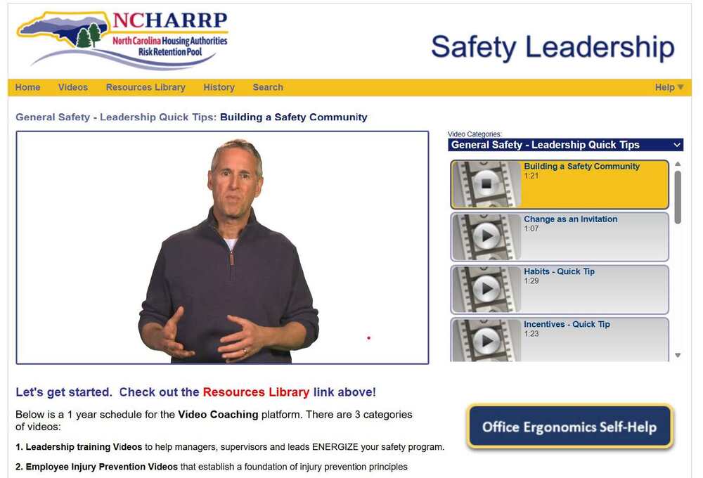 Web sample of a Safety Leadership site with a video of a man talking. 