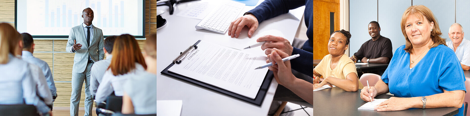 3 photo collage - man speaking to a group of people, hands with ink pens looking at paperwork and a group of people sitting at tables