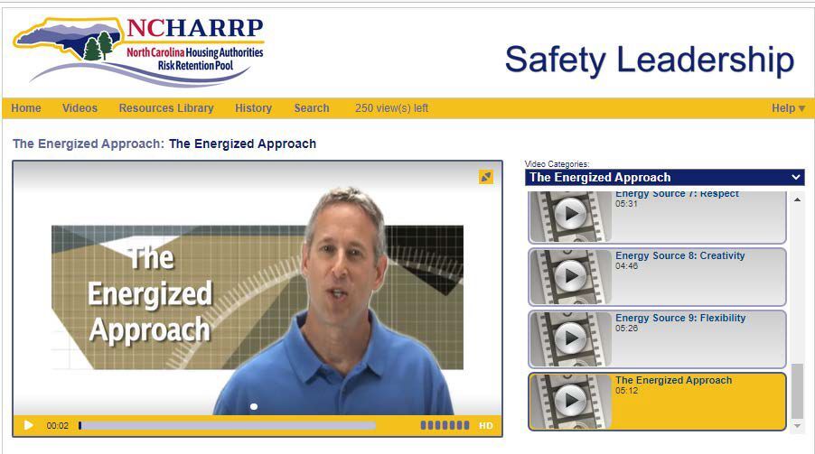 Web Page showing NCHARRP Safety Leadership wth a man talking about The Energized Approach.
