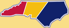 Map of North Carolina divided into 3 colored sections for Western, Piedmont, and Eastern Regions